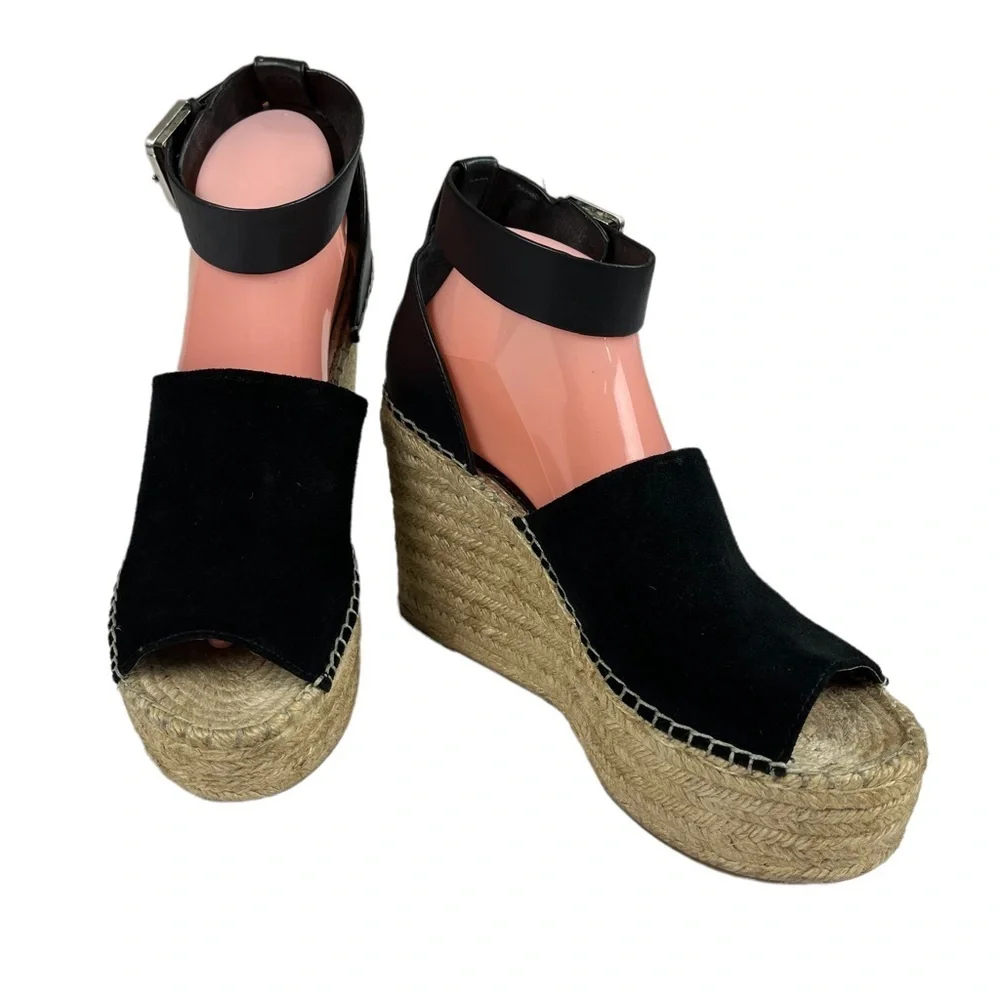 Marc Fisher Adalyn Black Suede Espadrille Platform Wedge Sandals‎ Size 10